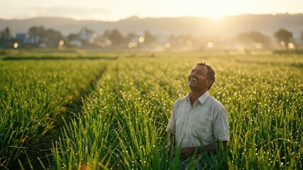 Fototapeta premium Happy Indian Farmer Celebrating Green Crops – Successful Monsoon Agriculture Banner