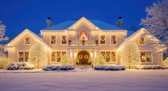 A grand two-story estate glows under a blanket of snow, decorated with thousands of warm white LED lights, wreaths, and festive garlands, ice, front yard, warm