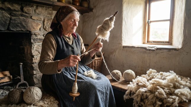 Elderly woman spinning wool with drop spindle in rustic indoor setting  