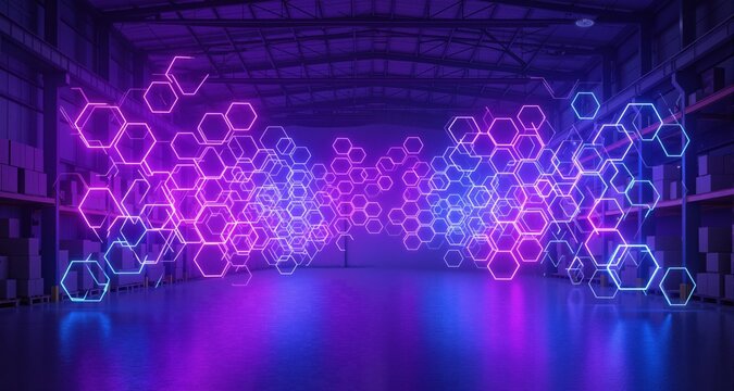 Interior of the Warehouse. Style - Abstract bright glowing neon purple blue hexagonal network pattern high tech background. Digital innovation and technology concepts.
