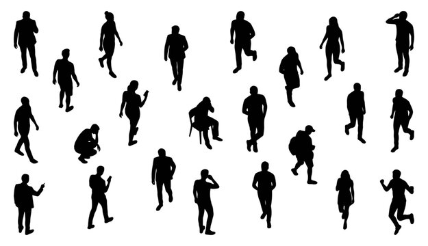 Top view people silhouettes walking and sitting in urban activities | Overhead pedestrian crowd collection for architectural rendering | Vector set