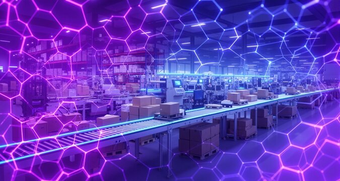 warehouse fulfillment center for ecommerce orders and assembly smart line . Style - Abstract bright glowing neon purple blue hexagonal network pattern high tech background. Digital innovation and tech