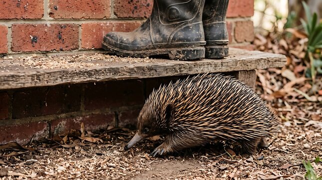 Short beaked echidna foraging near brick wall and rubber boots
