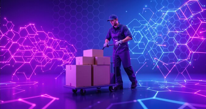 Image of a worker using a hand truck to move boxes in a small business . Style - Abstract bright glowing neon purple blue hexagonal network pattern high tech background. Digital innovation and technol