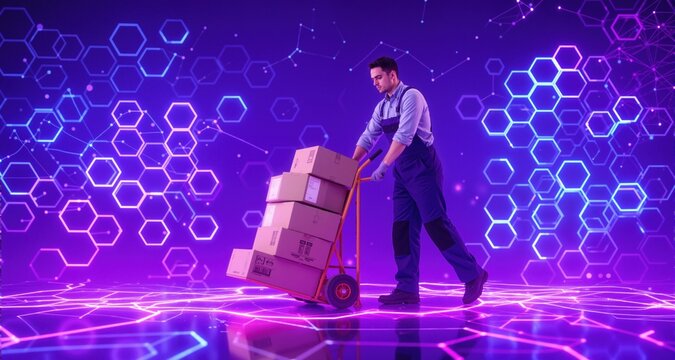 Image of a worker using a hand truck to move boxes in a small business . Style - Abstract bright glowing neon purple blue hexagonal network pattern high tech background. Digital innovation and technol