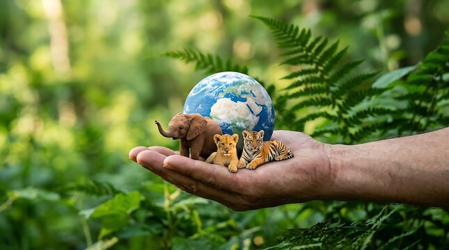 Protecting wildlife hand holding earth with baby elephant and tiger cubs