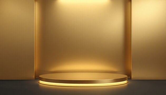 This image was created using artificial intelligence. A luxurious round golden platform designed for showcasing products or hosting award ceremonies. The podium features a circular shape with ambient