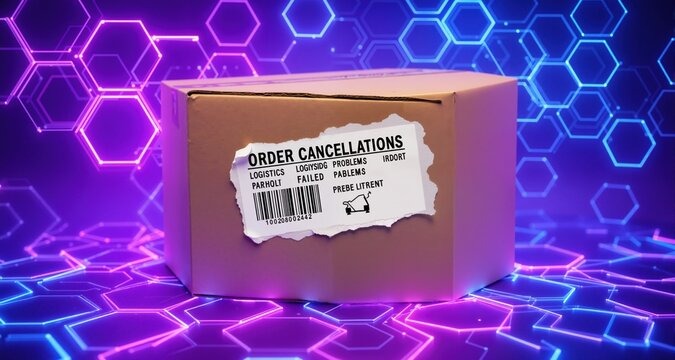 Torn shipping label on cardboard box symbolizing order cancellations, logistics problems, failed delivery and ecommerce return concept. Style - Abstract bright glowing neon purple blue hexagonal netwo