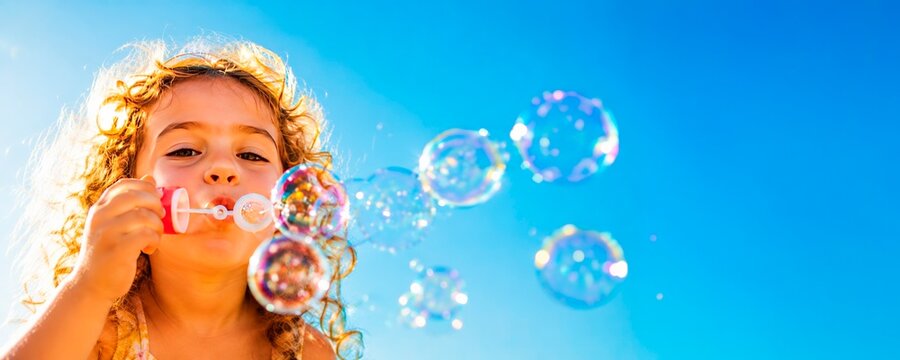 Little girl blowing soap bubbles against bright blue sky with wide copy space, playful summer childhood and outdoor website banner concept.