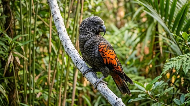 New zealand k k perched on branch in lush rainforest habitat
