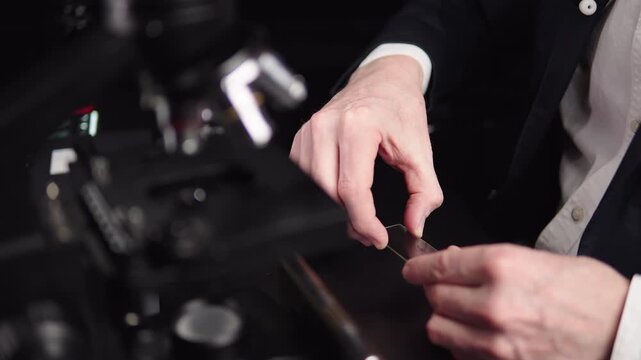 Caucasian scientist calibrating microscope, closeup hands