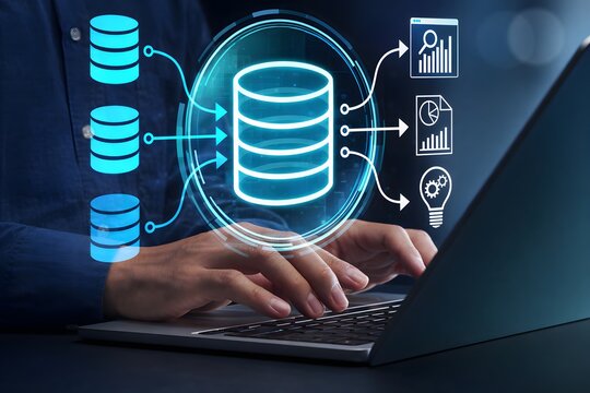 Data warehouse. Integrated database for business data analysis. Businessman leveraging business intelligence on laptop computer.