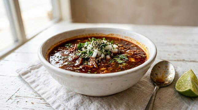 Birria consomm&eacute; bowl &ndash; Authentic Mexican Food Rustic Bowl Presentation on White Background | Commercial Stock Photo for Restaurant Menu, Food Blog, and Editorial Use
