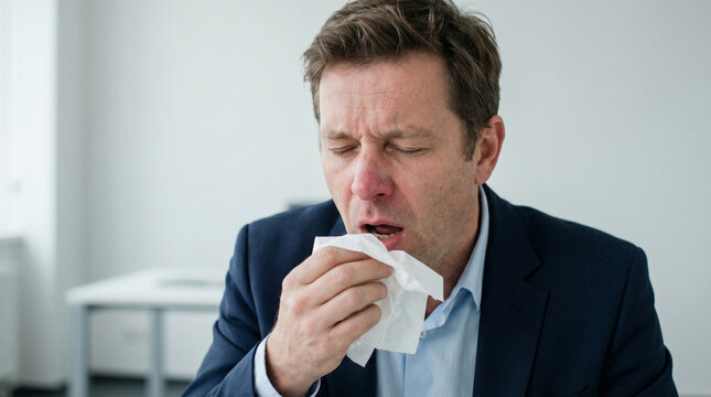 Sick businessman sneezing into a paper napkin in the office - concept of flu, cold symptoms and mucus accumulation while working in a financial agency