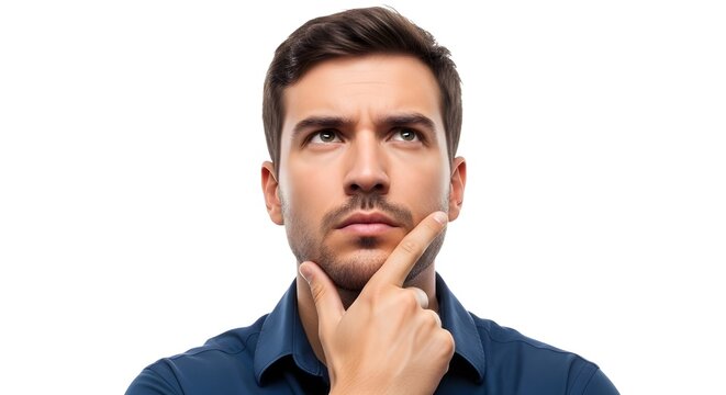 Man in blue shirt looking thoughtful with finger on chin isolated on white background
