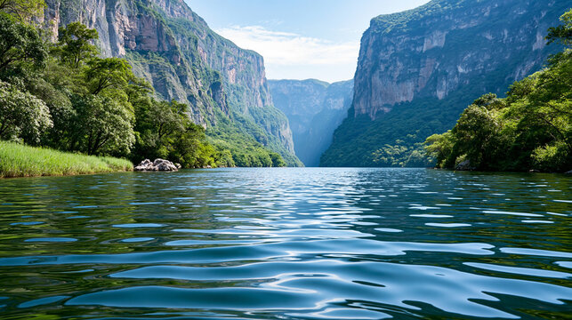 Rear view of the view of Sumidero Canyon with majestic cliffs and a serene river in Mexico, Mexican canyon concept, Tuxtla Gutierrez photography, Latin American canyon adventure,