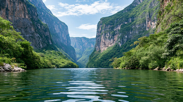 Rear view of the view of Sumidero Canyon with majestic cliffs and a serene river in Mexico, Mexican canyon concept, Tuxtla Gutierrez photography, Latin American canyon adventure,