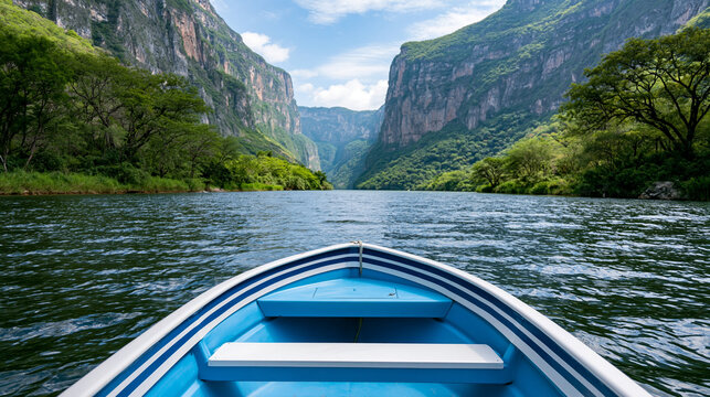 Rear view of the view of Sumidero Canyon with majestic cliffs and a serene river in Mexico, Mexican canyon concept, Tuxtla Gutierrez photography, Latin American canyon adventure,
