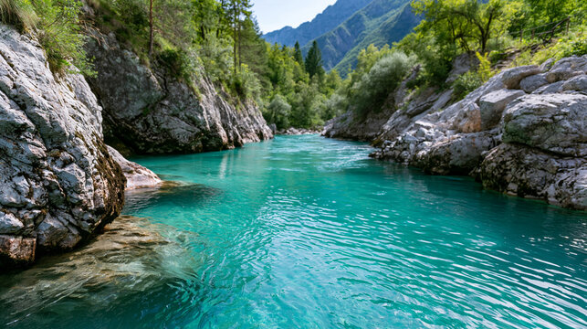 Rear view of a canyon with turquoise Soca river flowing through Triglav National Park Slovenia, emerald river canyon concept, Slovenian canyon photography, crystal clear mountain
