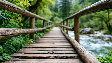 Obraz premium Rear view of a wooden bridge over a canyon river with lush vegetation around it, nature bridge concept, wooden canyon bridge photography, forest river crossing, defocused