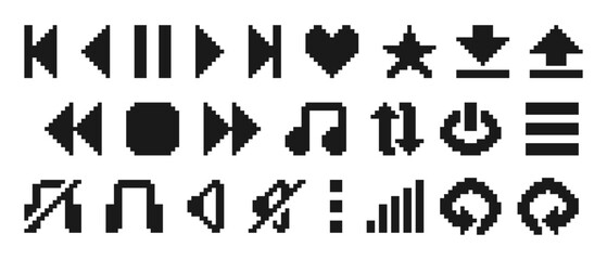 Comprehensive pixel art media player icons collection, retro 8 bit UI UX interface elements, gaming applications, minimalist black music and video control symbols isolated on white © Muhammad Nashieh