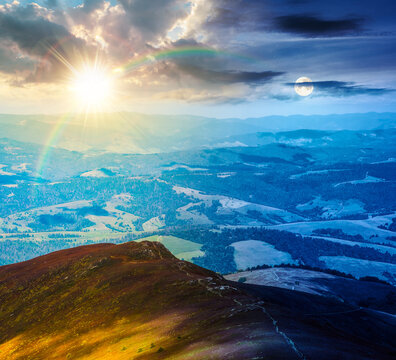 mountainous countryside scenery. day meet night. view of epic sky above the valley. sun and moon in harmony over colorful meadows and trees on hill. beautiful nature scenery of carpathians