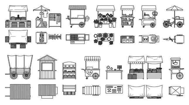 Various Food Cart Designs and Market Stalls CAD Style Side View and Top View Line Art Vector Drawing Set