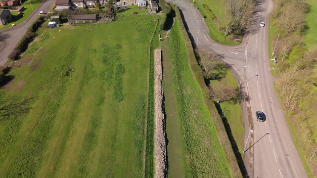 Heddon-on-the-Wall Northumberland UK: 2nd April 2026: Aerial drone view captures a section of the Roman Wall (Hadrian's) at Heddon Village in public park