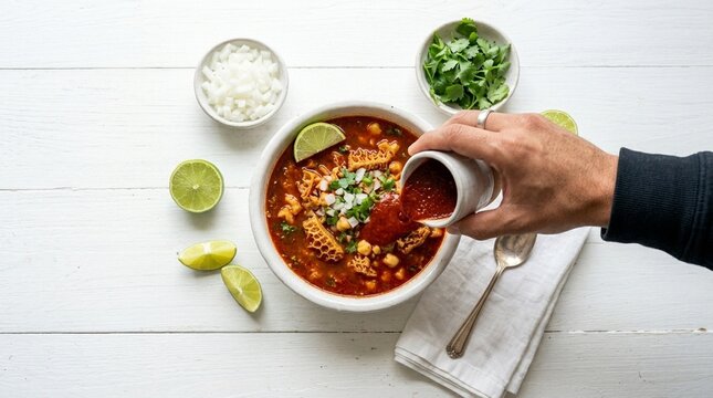 Menudo callos tripe soup &ndash; Authentic Mexican Food Rustic Bowl Presentation on White Background | Commercial Stock Photo for Restaurant Menu, Food Blog, and Editorial Use