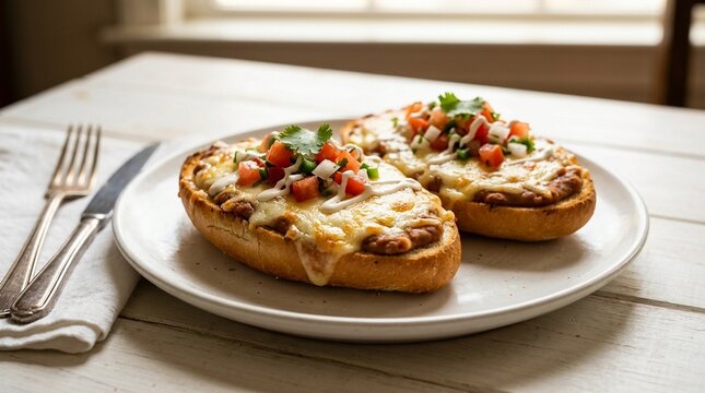Molletes beans cheese broiled &ndash; Authentic Mexican Food Studio Hero Shot on White Background | Commercial Stock Photo for Restaurant Menu, Food Blog, and Editorial Use