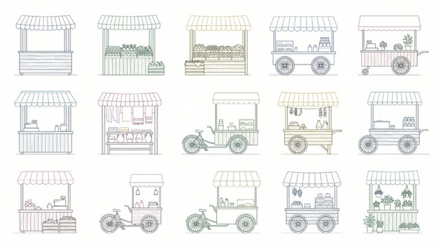 15 Various Market Stalls, Street Vendors and Carts with Pastel Colors in CAD Style Side View Technical Line Drawing Vector Set