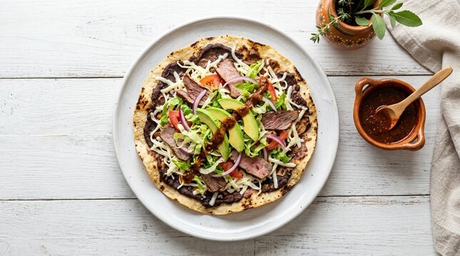 Tlayuda mediana Oaxaca &ndash; Authentic Mexican Food Studio Hero Shot on White Background | Commercial Stock Photo for Restaurant Menu, Food Blog, and Editorial Use