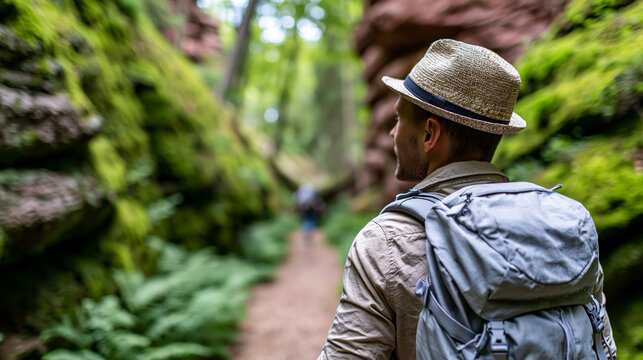 Rear view of a hiker in a narrow gorge canyon path in the Thuringian Forest Germany, European gorge hiking concept, German canyon trail photography, narrow forest gorge adventure,