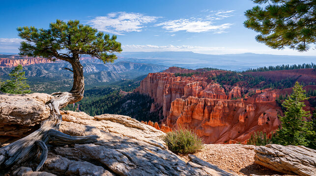 Rear view of a scenic canyon overlook with layered rock formations and a river below at Bryce Canyon, geological layering concept, canyon stratification photography, national park