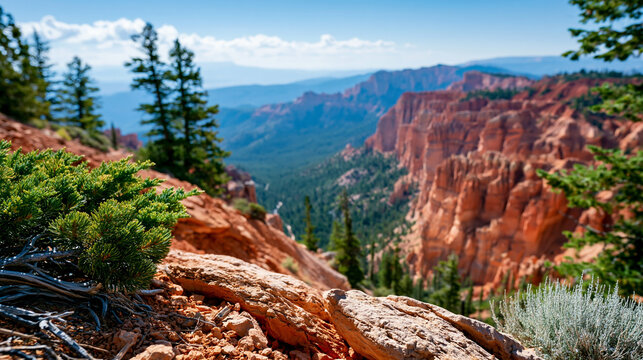 Rear view of a scenic canyon overlook with layered rock formations and a river below at Bryce Canyon, geological layering concept, canyon stratification photography, national park