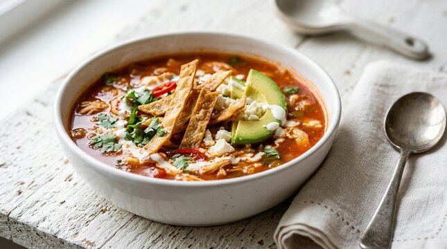 Sopa azteca tortilla soup &ndash; Authentic Mexican Food Rustic Bowl Presentation on White Background | Commercial Stock Photo for Restaurant Menu, Food Blog, and Editorial Use