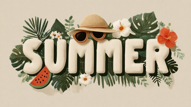 Minimal summer logo with tropical leaves and flowers on neutral background, elegant seasonal branding, vacation inspiration.
