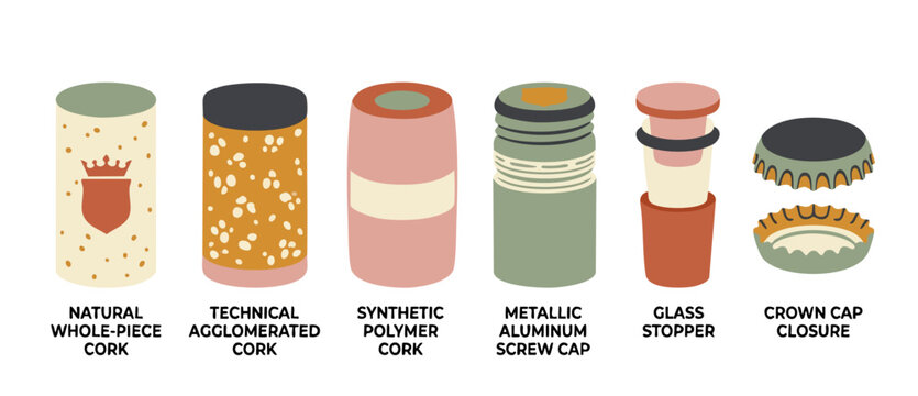 Bottle Closure Types Set, Wine Corks, Metallic Screw Caps, and Crown Caps Icons, Industrial Packaging Elements for Beverage Industry, Detailed Comparison Chart for Bottling Processes and Materials
