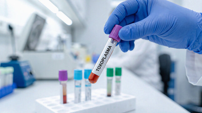Medical Hand in Blue Glove Holding a Blood Test Tube labeled Toxoplasma in Laboratory Setting, Clinical Diagnostics for Toxoplasmosis and Parasitic Infection Research Concept Illustration