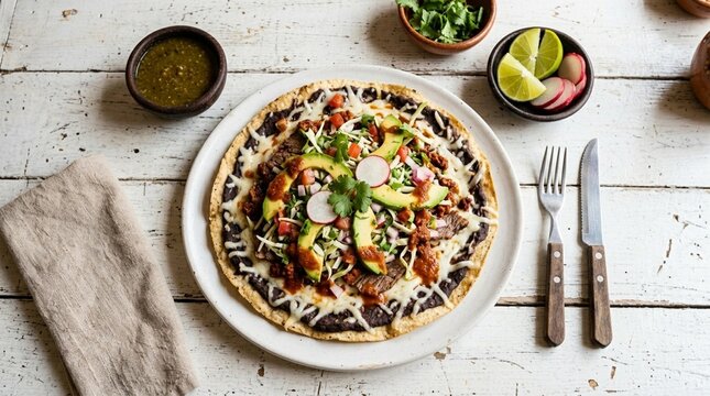 Tlayuda Oaxaque&ntilde;a overhead &ndash; Authentic Mexican Food Studio Hero Shot on White Background | Commercial Stock Photo for Restaurant Menu, Food Blog, and Editorial Use