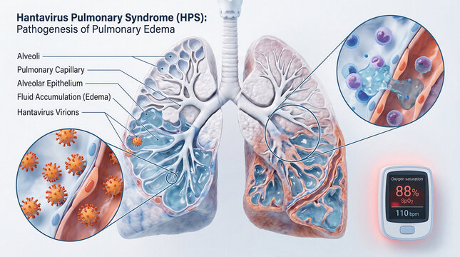 3D Medical Infographic of Hantavirus Pulmonary Syndrome (HPS), Lung Anatomy Diagram showing Pathogenesis of Pulmonary Edema, Virions in Alveoli and Pulse Oximeter with Low Oxygen Saturation Illustrati