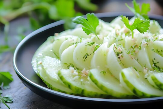 fresh chayote sliced and served with elegant garnish