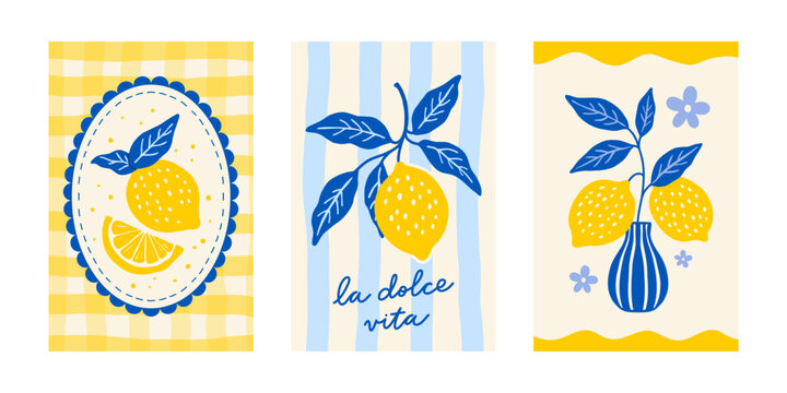 Lemon fruit poster set with Italian lettering. Mediterranean citrus branch and vase on checkered and striped background. Hand drawn vector kitchen art print bundle