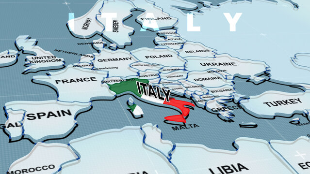 A 3D political map of Europe highlighting ITALY in its national flag colors, ITALY flag, Europe map, italian