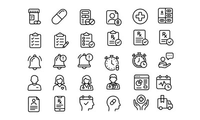Fototapeta premium Gender Inclusive Patient Care and Medication Adherence Outline Icon Set - Female Patient, Self Management, Health Calculator and Parcel Delivery Line Vector Icons