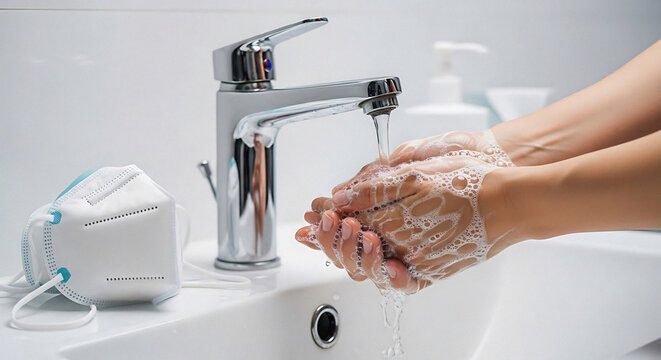 Person washing hands with soap and water next to an N95 face mask. Hygiene and sanitization concept for virus prevention, infectious disease control and healthcare safety illustration