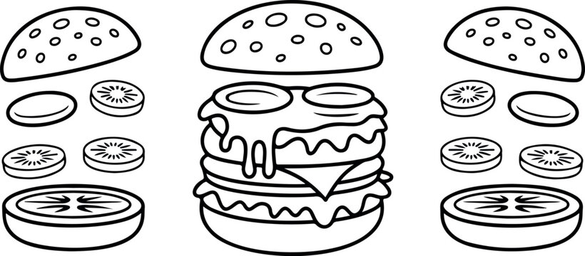 Double cheeseburger deconstructed line art set with pickles onion tomato and beef layers for menu design art.