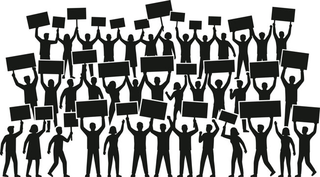 Protest crowd silhouette illustration with demonstrators holding blank banners representing activism rally and public demonstration concepts