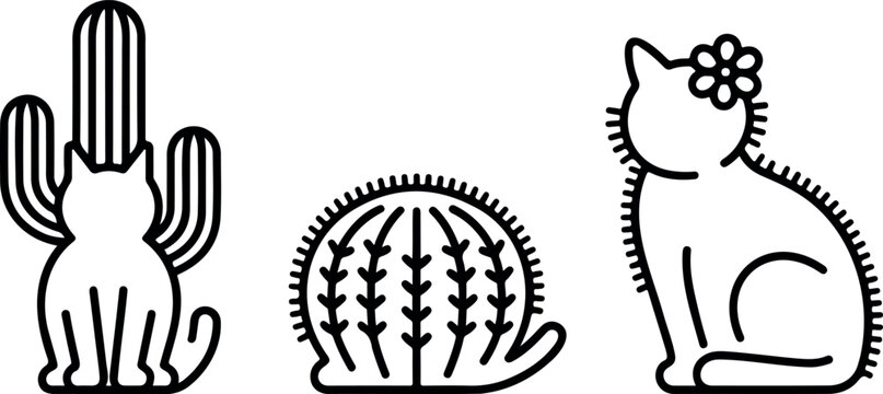 Feline cactus plant mashup with saguaro cat shape and barrel cactus kitten wearing flower blossom line art.