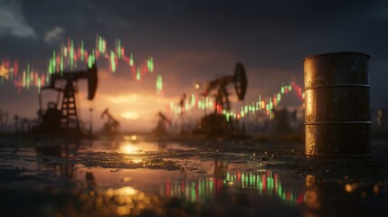 Fototapeta premium oil barrels with oil spill on the ground, oil pump jacks in the background, industrial atmosphere, a rising red stock market chart symbolizing increasing oil prices, Modern economic crisis concept.